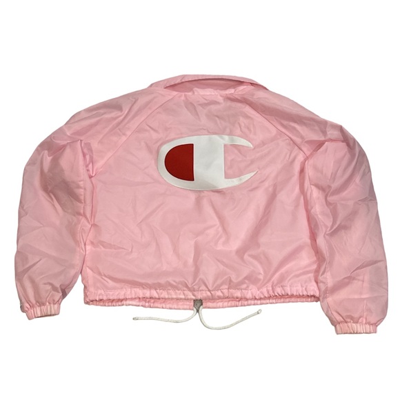 CHAMPION women's pink lined cropped windbreaker with logo on back, size medium. - Picture 1 of 3